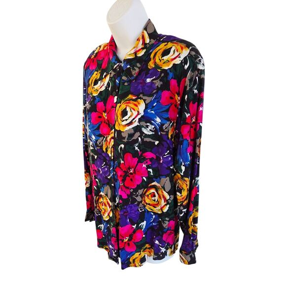 80s Jewel Bloom Floral Rayon Blouse S |Vintage Statement Top Hong Kong - Picture 7 of 10